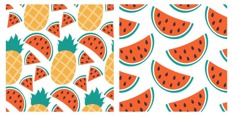 Pineapple and Watermelon slices triangular and half Seamless Patterns Summer Vacation Background Set. Isolated illustration Wallpaper Thematic Vacation Cards or web promo banner, leaflet, price