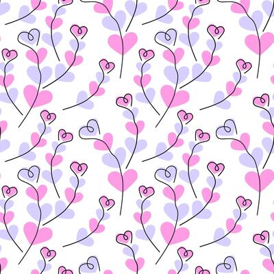 One line Heart shape Branches on Hearts shape spots Trendy lavender and pink fond Seamless Pattern. Isolated illustration Wallpaper Greeting Thematic Cards Invite or web promo banner, leaflets