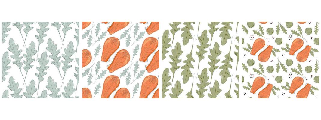 Freehand Arugula leaves Salmon steaks Brussels sprouts Seamless Patterns Healthy eating fond Big Set. Isolated design Thematic Menu Cards Wallpaper, wrapping or web promo banner, leaflet, price