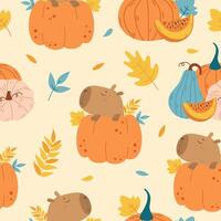 Autumn pattern with capybara, pumpkin and leaves vector
