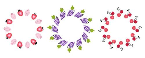 Cute grape, strawberry and cherry frame set vector
