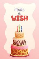 happy birthday card with big cake with animals, make a wish vector