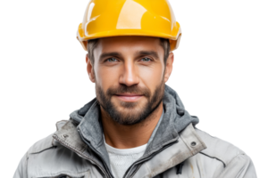 Confident worker in hardhat ready for construction challenges on a transparent background with ample copy space for branding png