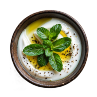 Top View of Seasoned Yogurt Garnished With Mint Leaves and Olive Oil in Bowl isolated on Transparent Background png