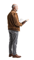 Elderly Man Standing and Reading an Open Book in Brown Jacket isolated on transparent Background png