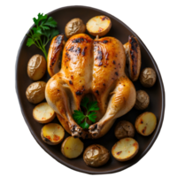 Roasted Whole Chicken with Baby Potatoes and Fresh Parsley on Platter isolated on transparent background png