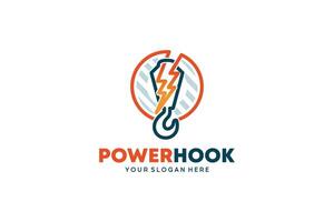 Crane hook logo design with lightning or electricity icon symbol in creative bold line style vector