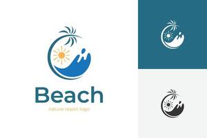 sun beach logo icon design with palm tree and wave graphic symbol for recreation in sea concept idea logo template vector
