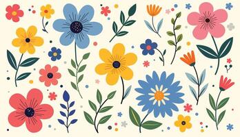 vibrant floral pattern featuring various colorful flowers and leaves, creating cheerful and lively atmosphere. Perfect for spring themes vector