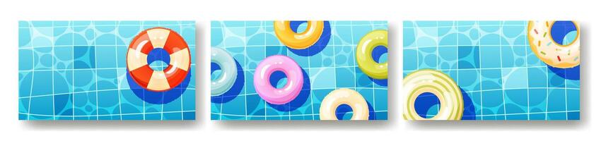 Set of three summer pool backgrounds with space for text, web page, poster. Multicolored inflatable circles floating on the surface of the water, top view. Lifebuoy for the ocean, sea. vector