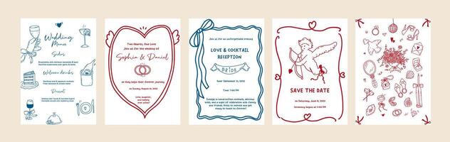 Set of line art wedding invitation card template. Coquette whimsical hand drawn frame, border, decoration design. Minimal cupid, wavy border, banquet table card outline illustration vector