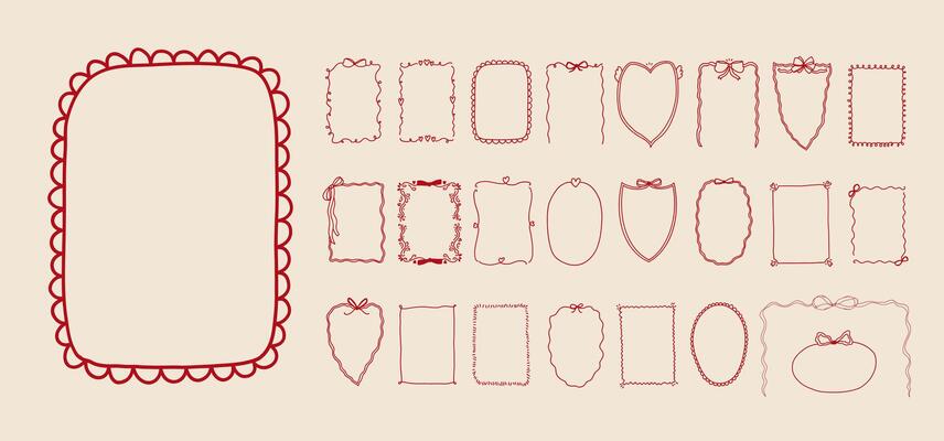 Set of doodle border ribbon bow frame design. Vintage line art corner sketch. Hand drawn coquette trendy cute wedding, menu, birthday invitation border card template outline illustration