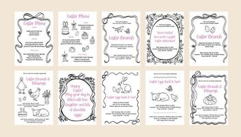 Set of happy Easter card background in line art. Spring design doodle outline graphic. Coquette whimsical greeting cards outline illustration vector