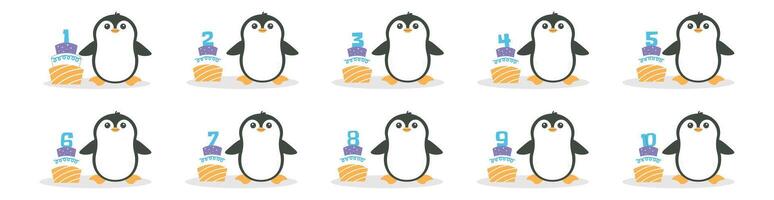 Cute penguin character and cake with number set. Beautiful elements for Kids Birthday Party invitation, greeting card, poster, event, prints and cake toppers design vector