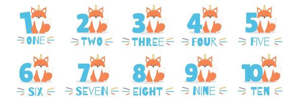 Cute baby fox character in hat and numbers from 1 before 10 set. Beautiful elements for Kids Birthday Party invitation, greeting card, poster, event, prints and cake toppers design vector