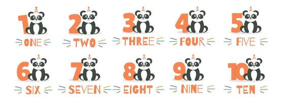 Cute panda character in hat and number from 1 before 10 set. Beautiful elements for Kids Birthday Party invitation, greeting card, poster, event, prints and cake toppers design vector