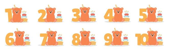 Cute bear character, cake with candles, number from 1 before 10 set. Beautiful elements for Kids Birthday Party invitation, greeting card, poster, event, prints and cake toppers design vector