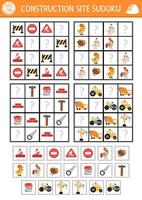 construction site sudoku puzzle for kids with pictures. Simple building works quiz with cut and glue element. Education activity or coloring page with vehicle, worker, tool. Draw missing object vector