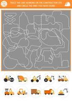 Construction site tracing, shape and line recognition activity with industrial vehicles. Building works puzzle with white truck contours. Find and circle correct silhouette printable worksheet for kid vector