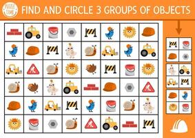Construction site seek and find game. Attention skills training puzzle with workers, tools, signs, vehicles. Building works printable activity or searching puzzle for kids. Find groups of objects vector