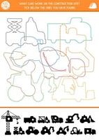Construction site shadow, shape and line recognition activity with industrial vehicles. Building works puzzle with colored truck contours. Find correct silhouette printable worksheet, game for kids vector