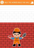 Construction site drawing and writing practice activity with builder. Building works puzzle. Printable worksheet, game for kids with rectangle shape tracing grid. Help the worker build brick wall vector