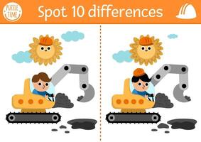 Find differences game for children. Construction site educational activity with boy driver in excavator digging pit. Cute puzzle for kids with funny worker. Printable worksheet or page vector