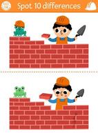 Find differences game for children. Construction site educational activity with boy building brick wall. Cute puzzle for kids with funny worker. Printable worksheet or page for logic and attention vector
