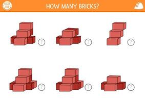 3d counting construction site game with bricks. Math and logical activity for preschool kids with building material. Educational counting worksheet. How many blocks printable page for spatial thinking vector