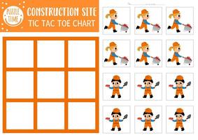 construction site tic tac toe chart with boy and girl workers. Building works board game playing field with cute character with wheelbarrow. Funny printable worksheet. Noughts and crosses grid vector