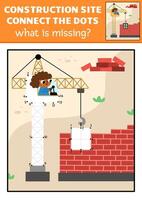 dot-to-dot and color activity with lifting crane, colored construction site scene. Building works connect the dots game for children with industrial machine. What is missing printable worksheet vector