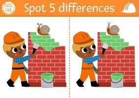 Find differences game for children. Construction site educational activity with boy painting brick wall. Cute puzzle for kids with funny worker. Printable worksheet or page for logic and attention vector