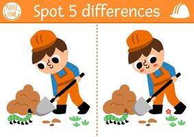 Find differences game for children. Construction site educational activity with boy digging pit. Cute puzzle for kids with funny worker. Printable worksheet or page for logic and attention skills vector