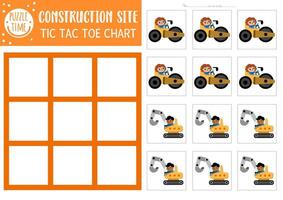 construction site tic tac toe chart with road roller and excavator with driver workers. Building works board game playing field. Funny printable worksheet. Noughts and crosses grid vector
