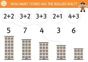 Match the numbers construction site game with builder and building. Math activity for preschool kids with worker. Educational counting worksheet. How many stores in the house vector