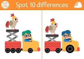 Find differences game for children. Construction site educational activity with boy driver, auto tower with rooster. Cute puzzle for kids with funny worker. Printable worksheet with industrial vehicle vector