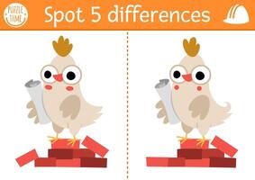 Find differences game for children. Construction site educational activity with hen architect on brick pile. Cute puzzle for kids with funny worker. Printable worksheet or page for logic, attention vector