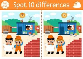 Find differences game for children. Educational activity with boy engineers and construction site scene. Cute puzzle for kids with funny worker. Printable worksheet or page for logic and attention vector