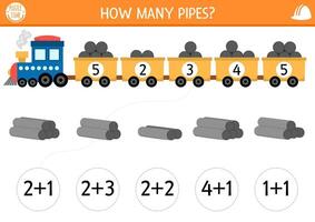 How many pipes game with cute freight train Construction site math addition activity for children. Simple building works printable counting worksheet for kids with engine and cars with load vector