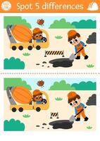 Find differences game for children. Construction site educational activity with boy digging pit and concrete mixer. Cute puzzle for kids with funny worker. Printable worksheet or page vector