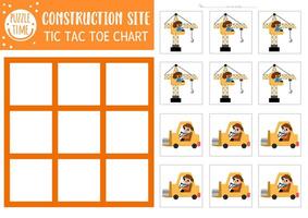 construction site tic tac toe chart with forklift and lifting crane with driver workers. Building works board game playing field. Funny printable worksheet. Noughts and crosses grid vector