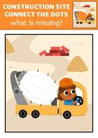 dot-to-dot and color activity with concrete mixer, colored construction site scene. Building works connect the dots game for children with industrial vehicle. What is missing printable worksheet vector