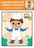 dot-to-dot and color activity with worker uniform, colored construction site scene. Building works connect the dots game for children with hard hat. What is missing printable worksheet vector