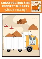 dot-to-dot and color activity with loaded truck, colored construction site scene. Building works connect the dots game for children with industrial vehicle. What is missing printable worksheet vector