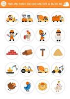Find the odd one out. Construction site logical activity for kids. Building works educational quiz worksheet for attention skills. Printable game with vehicles, builders, tools, materials vector