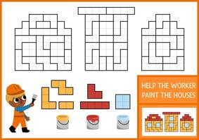 Construction site shape recognition and coloring activity with painter. Building works puzzle. Find correct silhouette printable worksheet or game for kids. Help the worker paint the houses vector