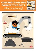 dot-to-dot and color activity with excavator, colored construction site scene. Building works connect the dots game for children with industrial vehicle. What is missing printable worksheet vector