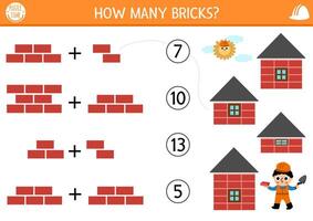 Match the numbers construction site game with builder and buildings. Math activity for preschool kids with worker. Educational counting worksheet. How many bricks in the house vector