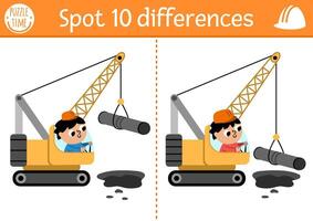 Find differences game for children. Construction site educational activity with boy driver in crawler crane lifting pipe. Cute puzzle for kids with funny worker. Printable worksheet or page vector