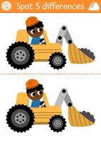 Find differences game for children. Construction site educational activity with boy driver in excavator. Cute puzzle for kids with funny worker. Printable worksheet or page with industrial vehicle vector
